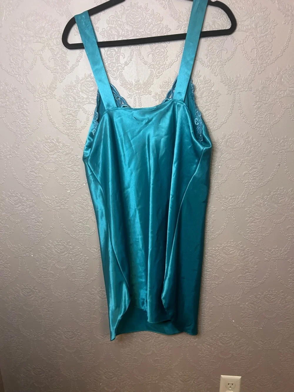 Vintage Turquoise Satin Chemise with Embroidered V-Neck - Picture 4 of 6